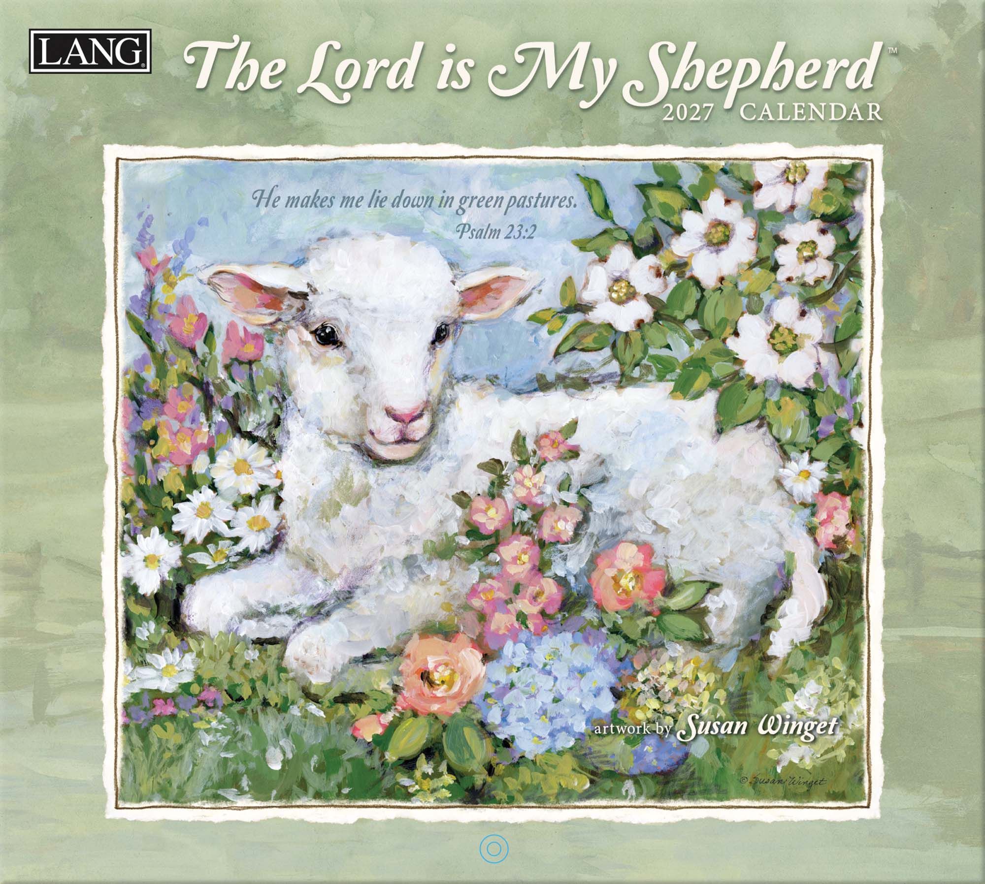 Wandkalender ‘The Lord Is My Shepherd 2027’ met religieuze en inspirerende christelijke illustraties.