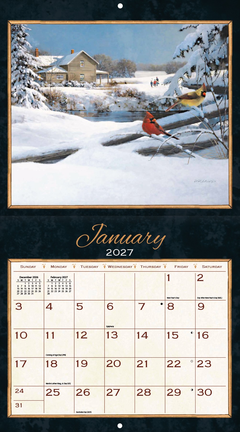 Treasured Times 2027 van D.R. Laird kalender open gevouwen. Fijne grote vakken om in te schrijven.