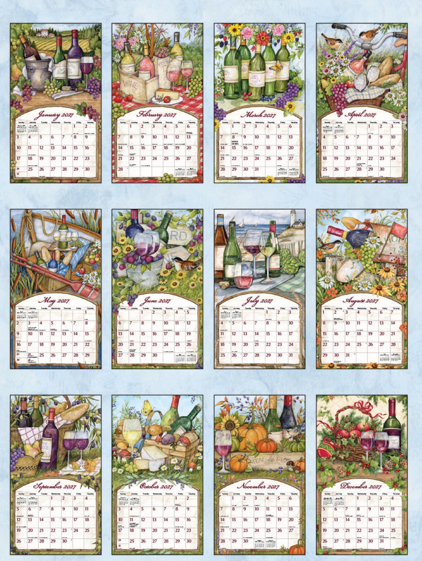 Wine Country 2027 Lang Kalender 27991001885-1 Wine Country kalender met alle maandillustraties van wijngaarden en landschappen in één overzicht.