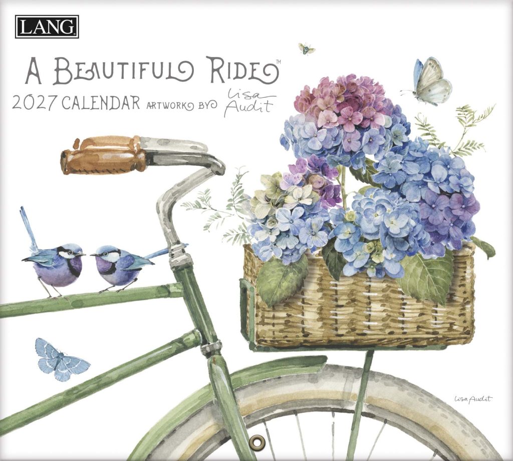 Wandkalender met fiets en bloemenillustraties in een sfeervolle, romantische stijl.