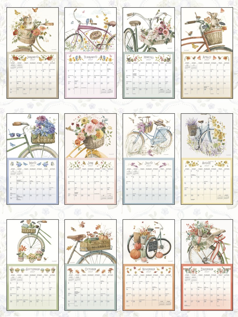 A Beautiful Ride 2027 Lang Kalender 27991002018-02 Overzicht van alle 12 maanden van de Lisa Audit ‘A Beautiful Ride’ kalender met fiets- en bloemenillustraties.
