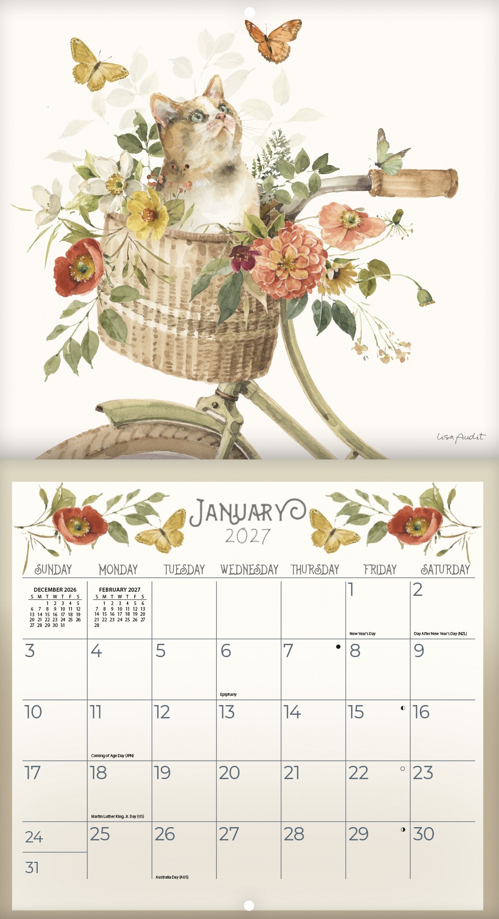 A Beautiful Ride 2027 Lang Kalender 27991002018-03 Opengevouwen voorbeeld van de Lisa Audit 2027 kalender "A Beautiful Ride" met romantische fiets- en bloemen schilderingen.