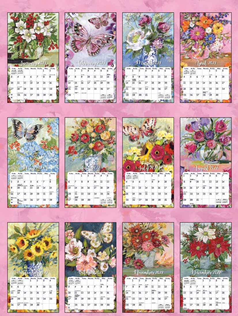 Gallery Florals 2027 Lang Kalender 27991002020-02 Weergave van de 12 maanden van de Gallery Florals 2027 wandkalender met florale kunstwerken.