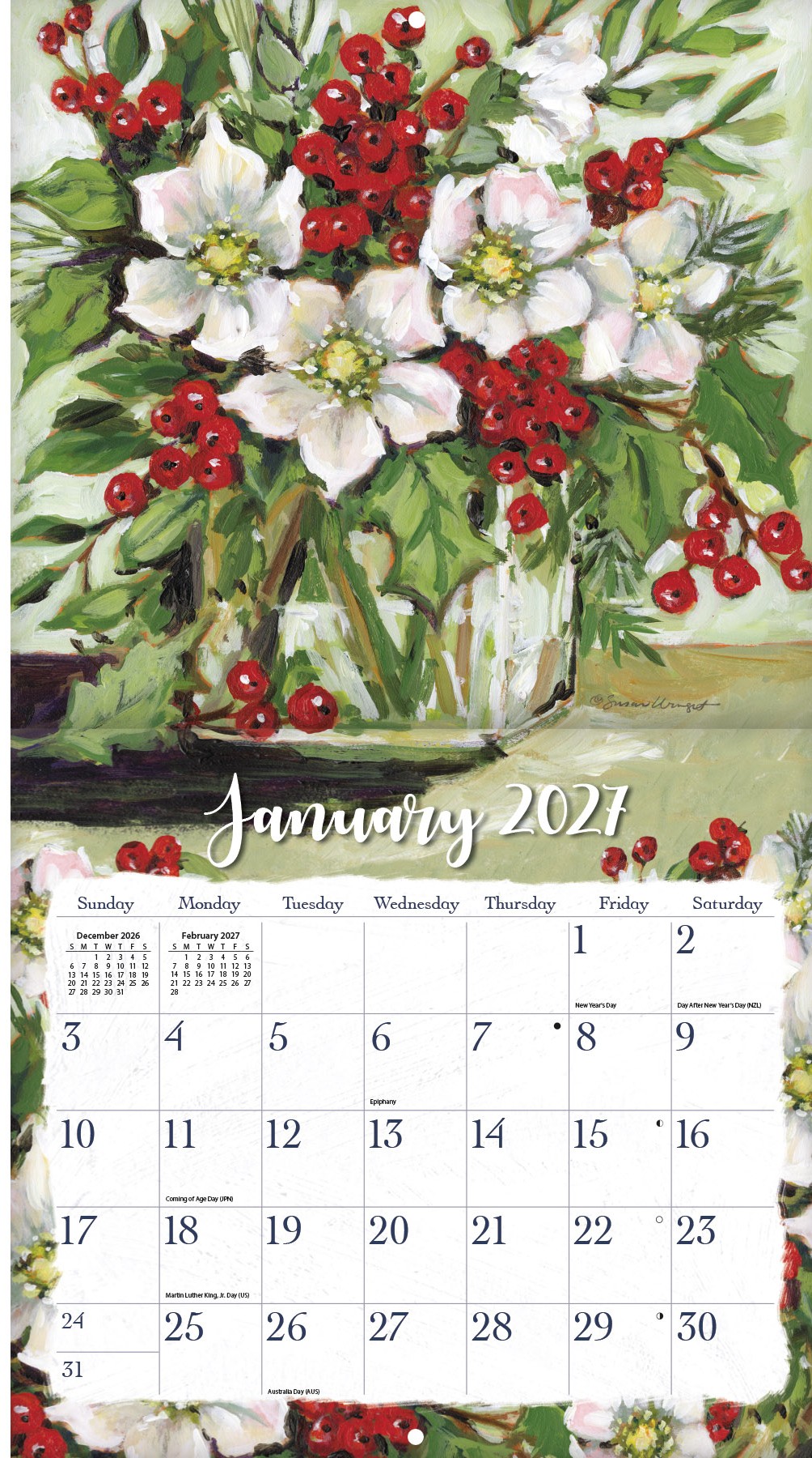 Gallery Florals 2027 Lang Kalender 27991002020-03 Kalender met bloemenkunst van Gallery Florals opengevouwen met volledige indeling zichtbaar.