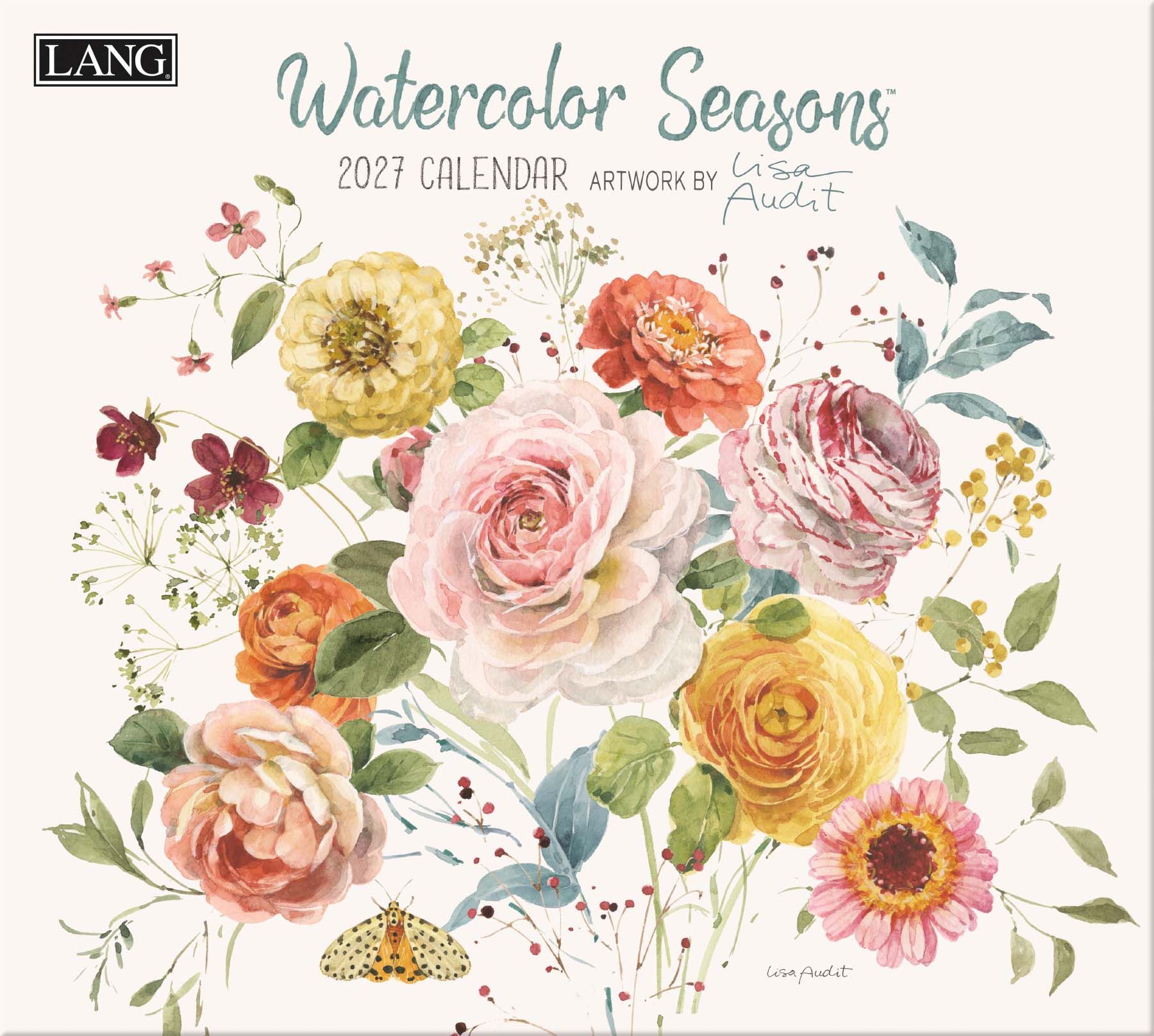 Wandkalender ‘Watercolor Seasons’ van Lisa Audit met zachte aquarel bloemen- en seizoensillustraties.