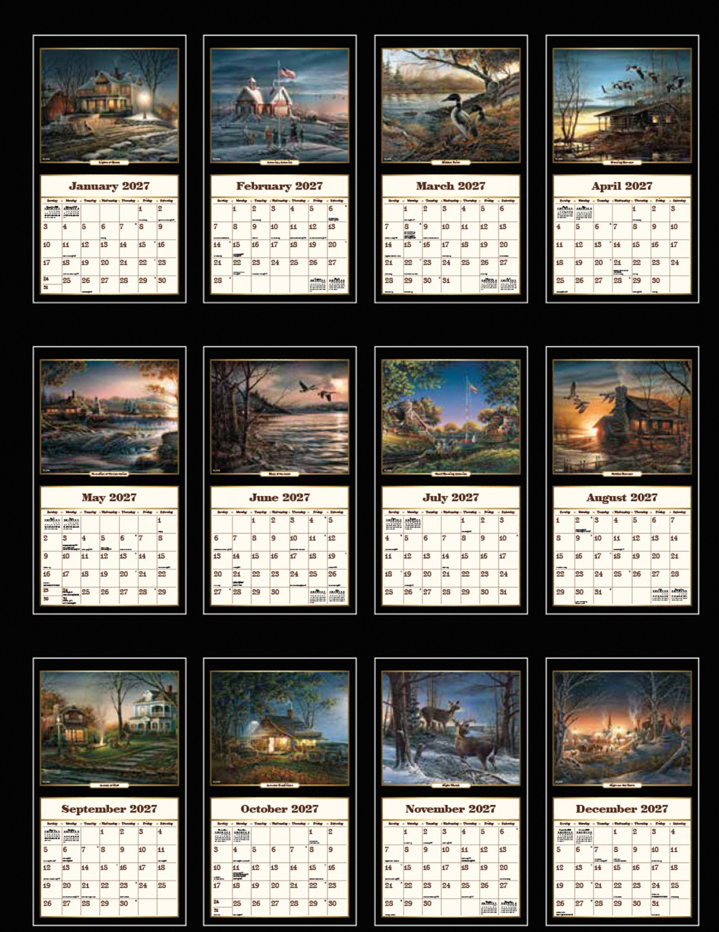 Terry Redlin 2027 Lang Kalender 27991001882-2 Terry Redlin kalender met alle maandillustraties van landelijke natuur- en wildlife scènes in één overzicht.