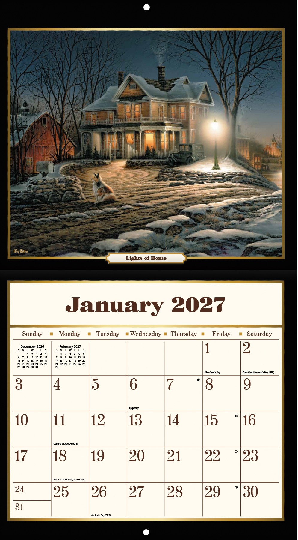 Terry Redlin 2027 Lang Kalender 27991001995-03 Kalender met kunstwerken van Terry Redlin opengevouwen aan de muur met volledige indeling zichtbaar.