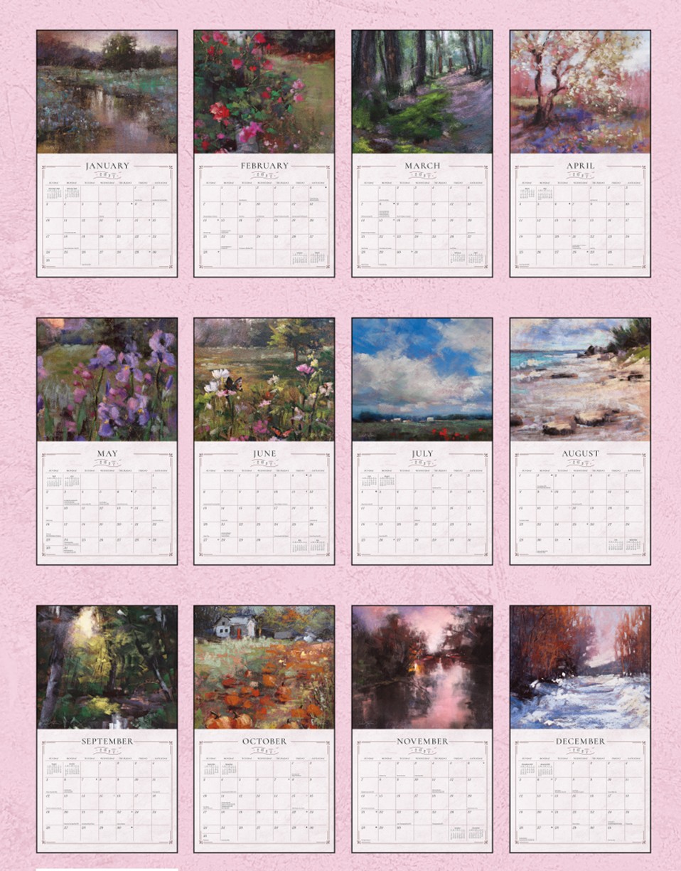 Soft Escapes 2027 Lang Kalender 27991002029-02 Weergave van de 12 maanden van de Soft Escapes wandkalender met zachte pastelkunst.