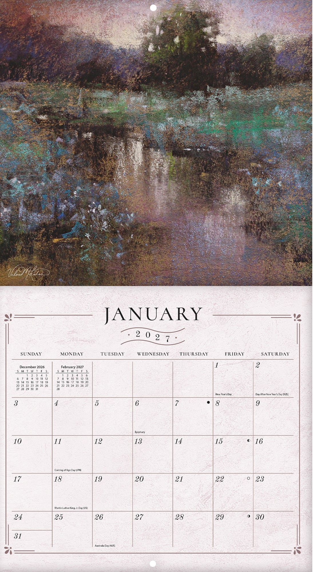 Soft Escapes 2027 Lang Kalender 27991002029-03 Volledig opengevouwen weergave van de Lang Soft Escapes 2027 kalender als geheel aan de muur, met zicht op alle maanden en zachte pastelillustraties.