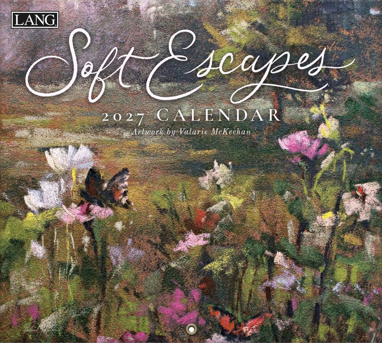 Lang Soft Escapes 2027 kalender met zachte, dromerige landschapstekeningen in pastelkleuren