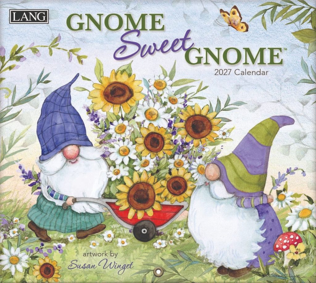 Lang Gnome Sweet Gnome 2027 kalender met kabouter- en tuinillustraties per maand.