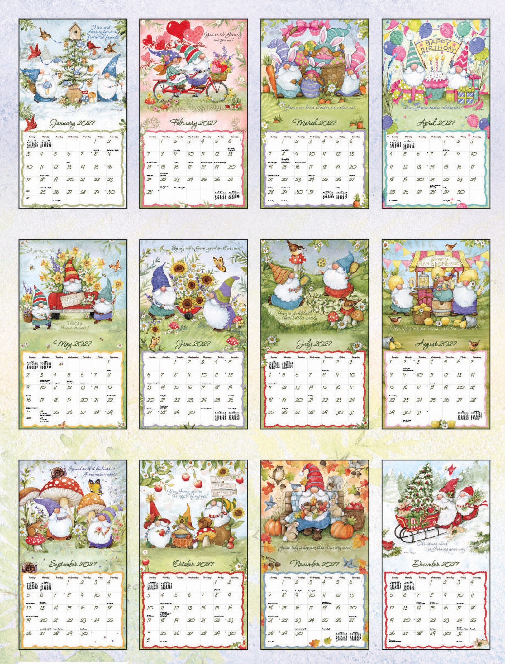 Gnome Sweet Gnome 2027 Lang Kalender 27991002026 -12 maand overzicht Gnome Sweet Gnome 12 maand overzicht van deze mooie kabouter kalender van Lang.