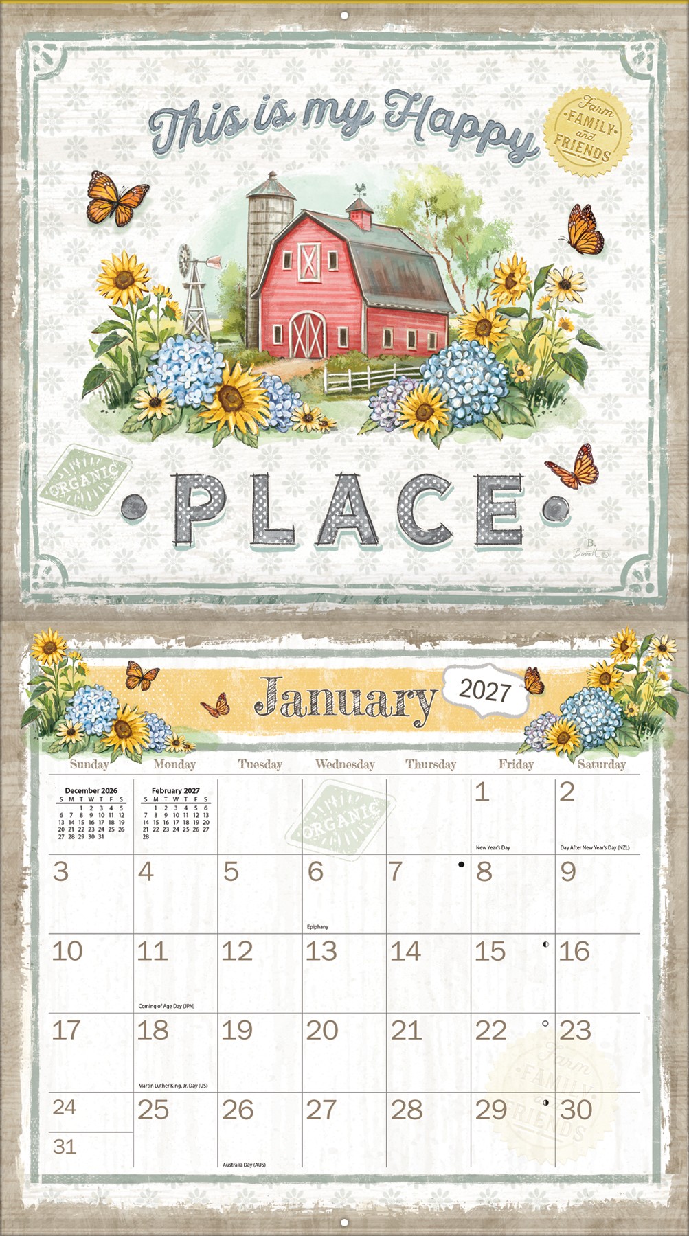 Farmhouse 2027 Lang Kalender 27991002008-03 Kalender Farmhouse als geheel opengevouwen aan de muur om de indeling te tonen.