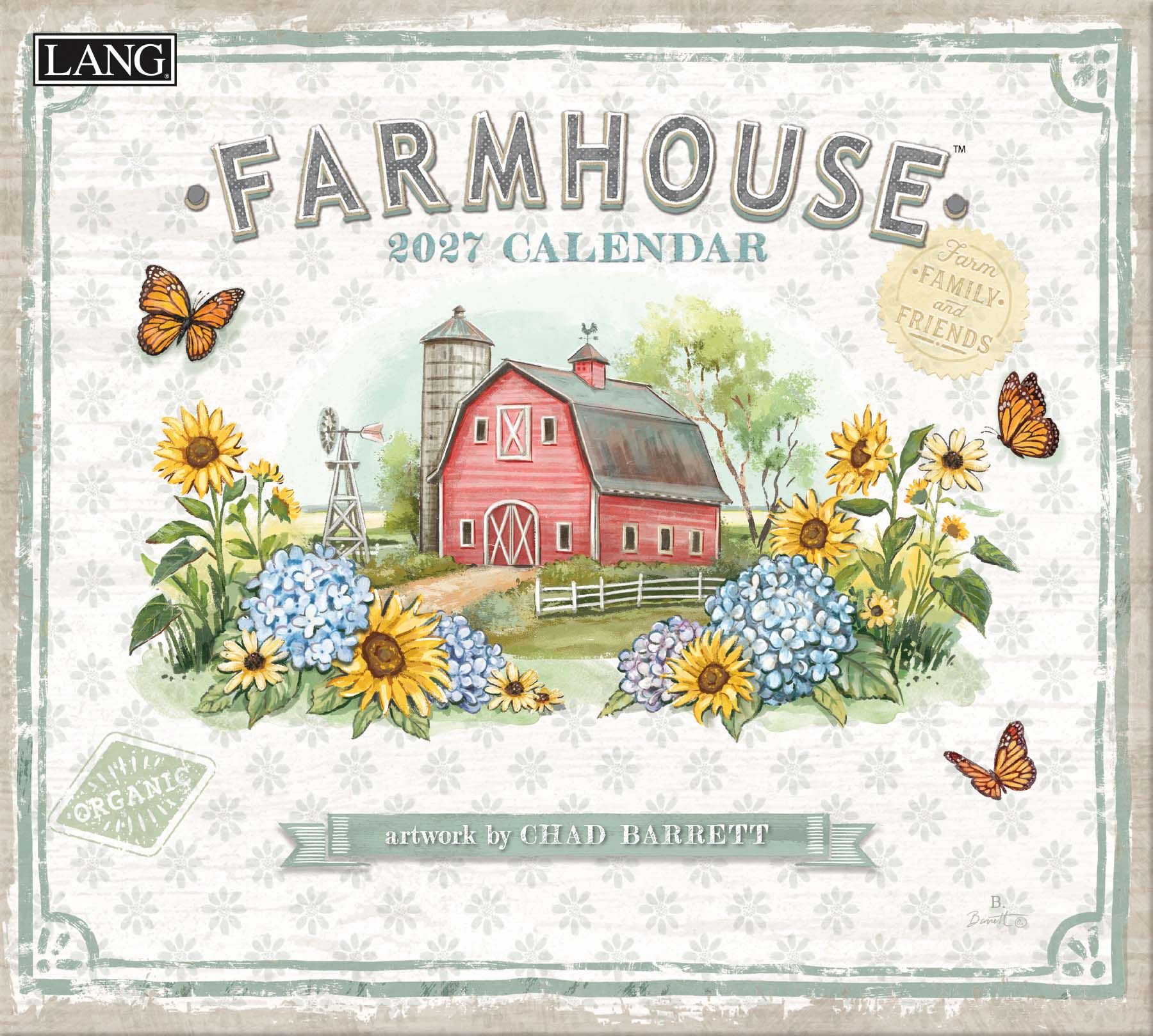 Kalender met Farmhouse thema en rustieke boerderij- en plattelandsillustraties.
