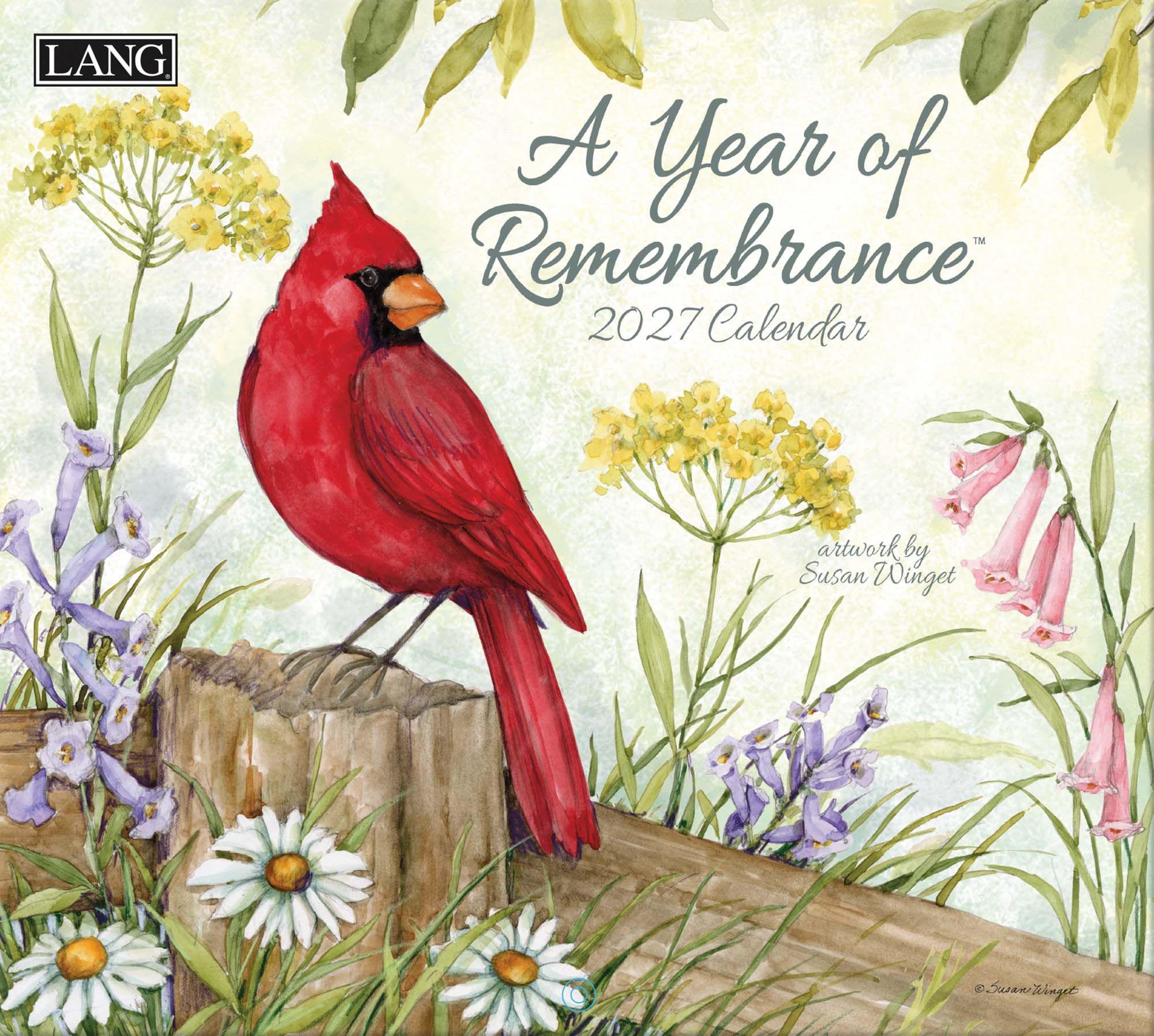A Year of Remembrance 2027 Lang kalender met illustraties van rode kardinalen.