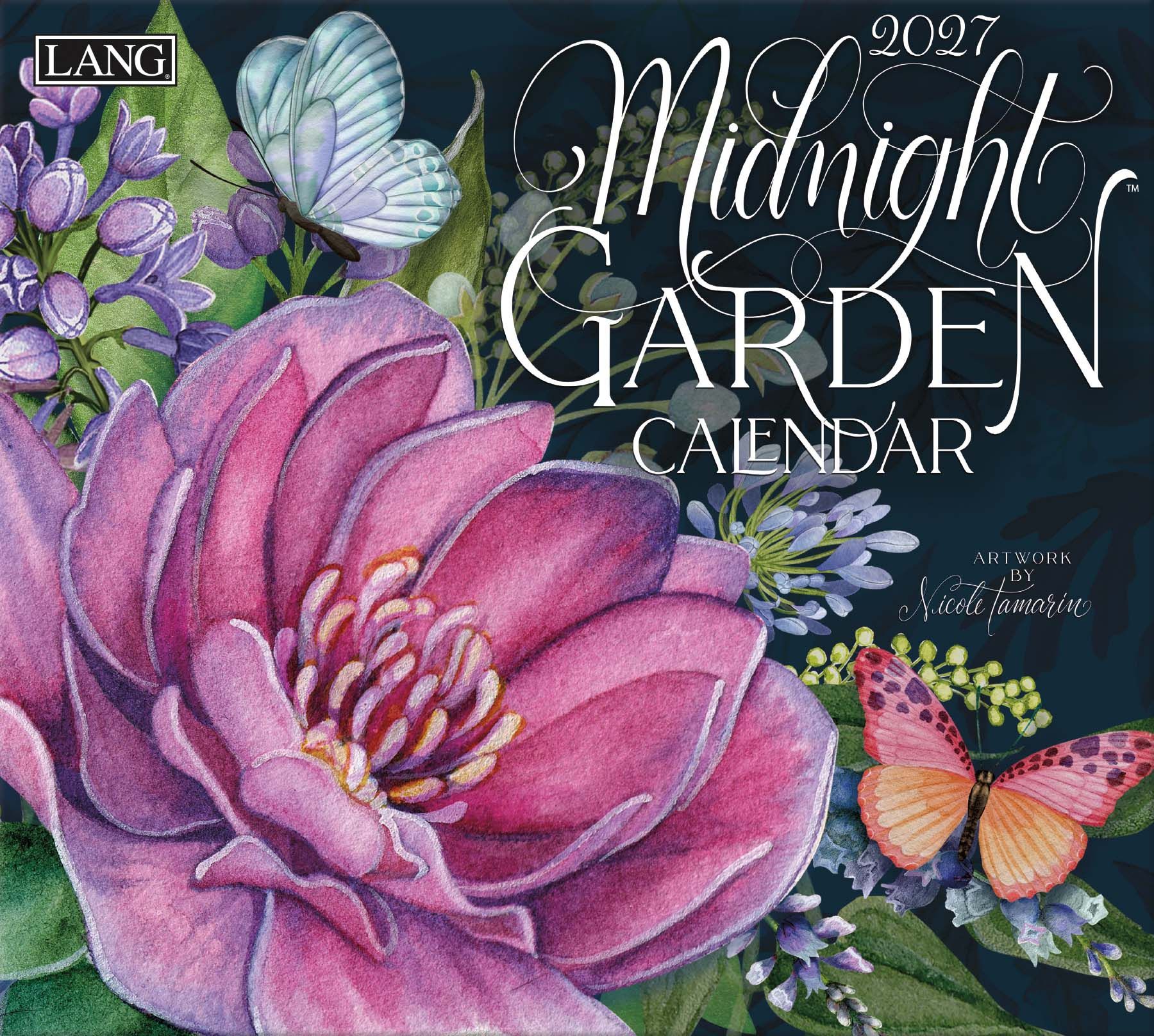 Lang Midnight Garden 2027 kalender met bloemrijke, sfeervolle tuinillustraties.