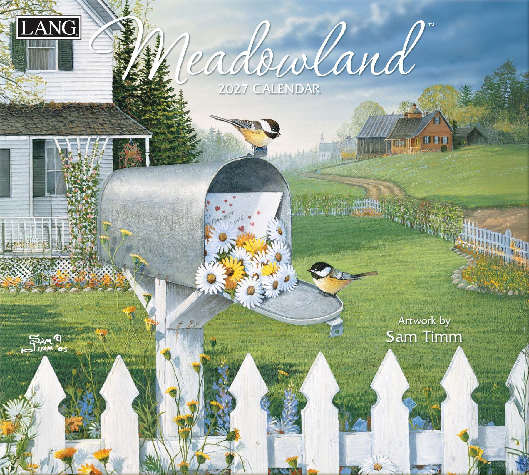 Lang Meadowland kalender met illustraties van velden, bloemen en vogels door de seizoenen