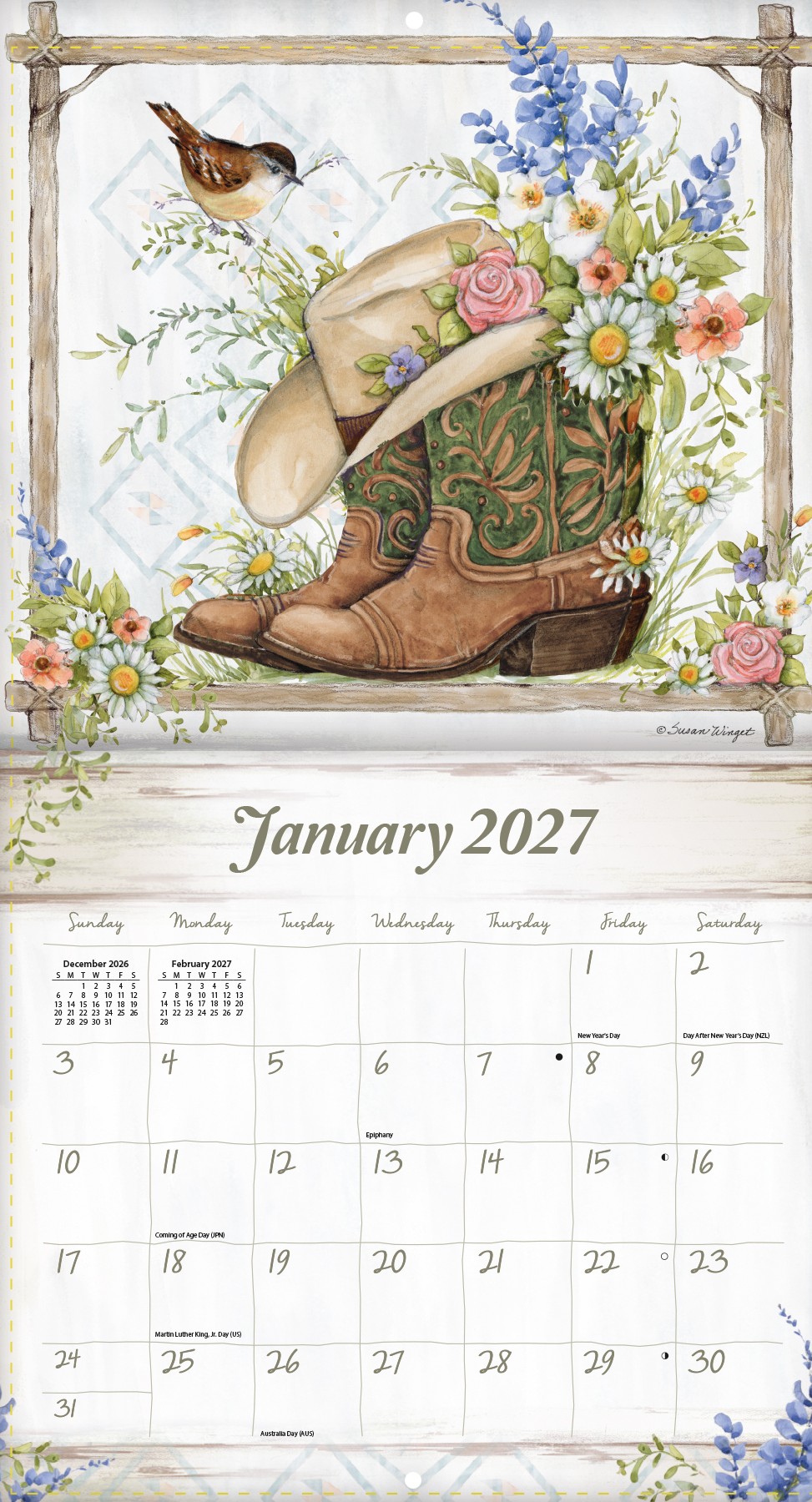 Rosewood Ranch 2027 Lang Kalender 27991002038-03 Foto waarbij de Rosewood Ranch 2027 kalender open gevouwen is.