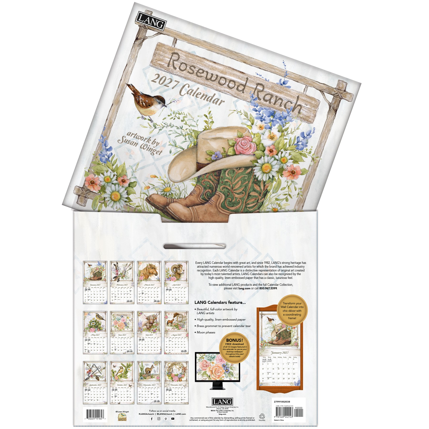 Subfoto van de Lang Rosewood Ranch 2027 kalender die uit de hoes wordt geschoven.