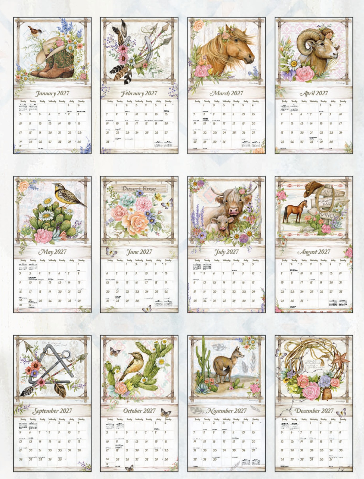 Rosewood Ranch 2027 Lang Kalender 27991002038 - 2 Weergave van de 12 maanden van de Rosewood Ranch wandkalender met rustieke ranch- en natuurillustraties.