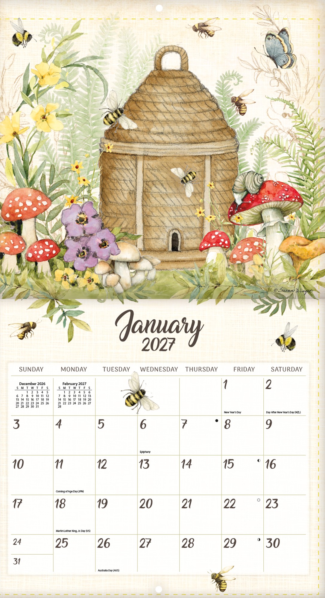 Wandkalender Bees in Bloom 2027 met detailweergave van één maand en bloemen- en bijenillustratie.