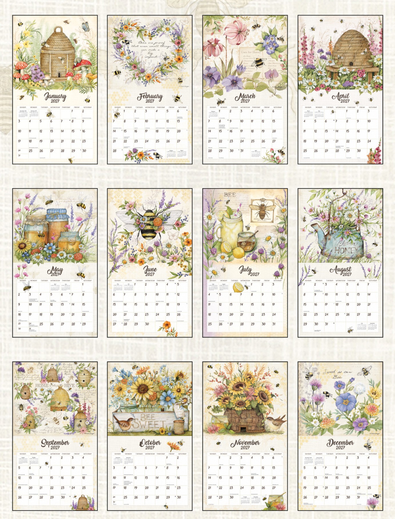 Bees in Bloom 2027 Lang Kalender 27991002041-2 Overzicht van alle 12 maanden van de Bees in Bloom 2027 kalender van Susan Winget.