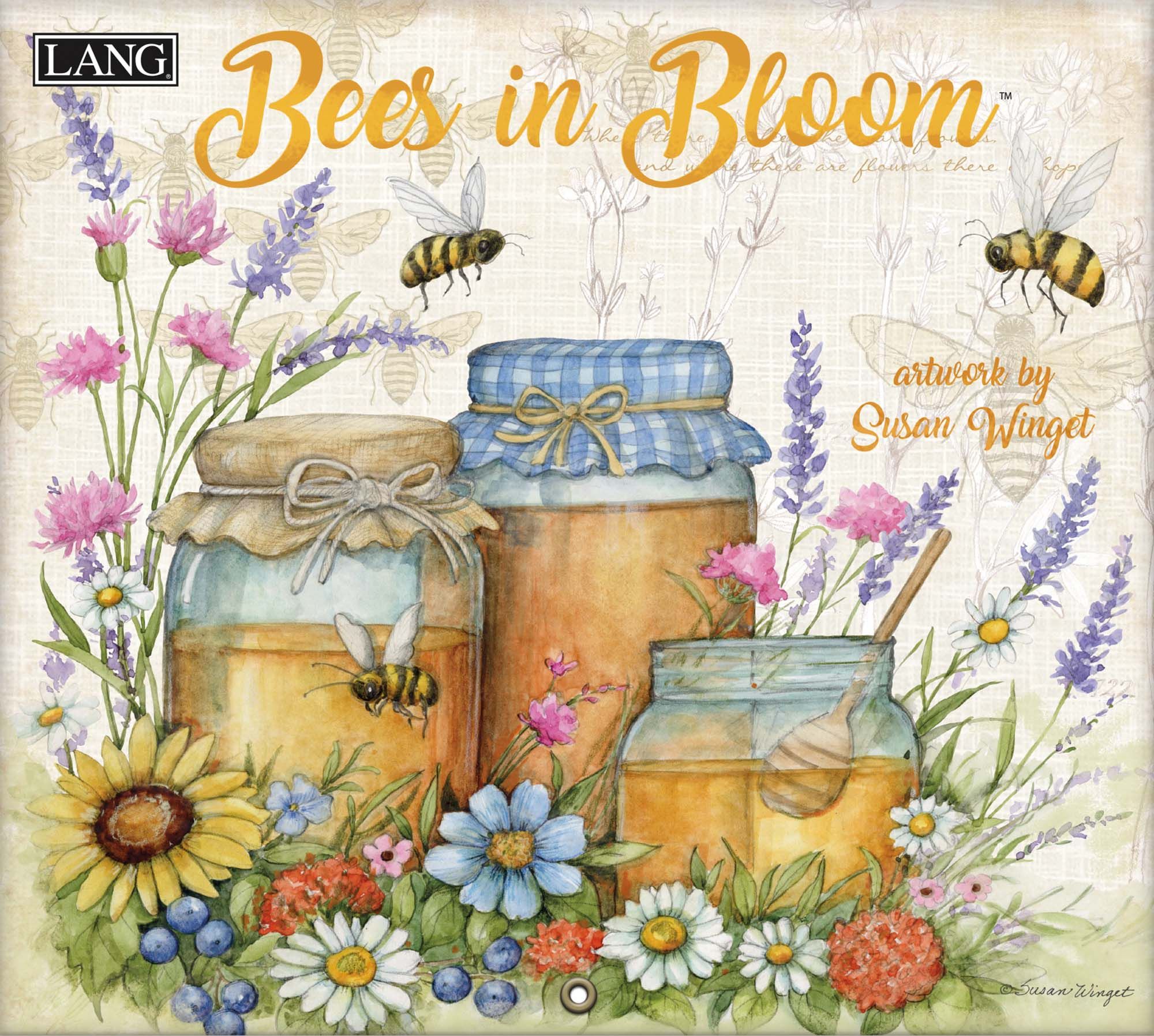 Wandkalender ‘Bees in Bloom 2027’ van Susan Winget met bloemen en bijen illustraties.
