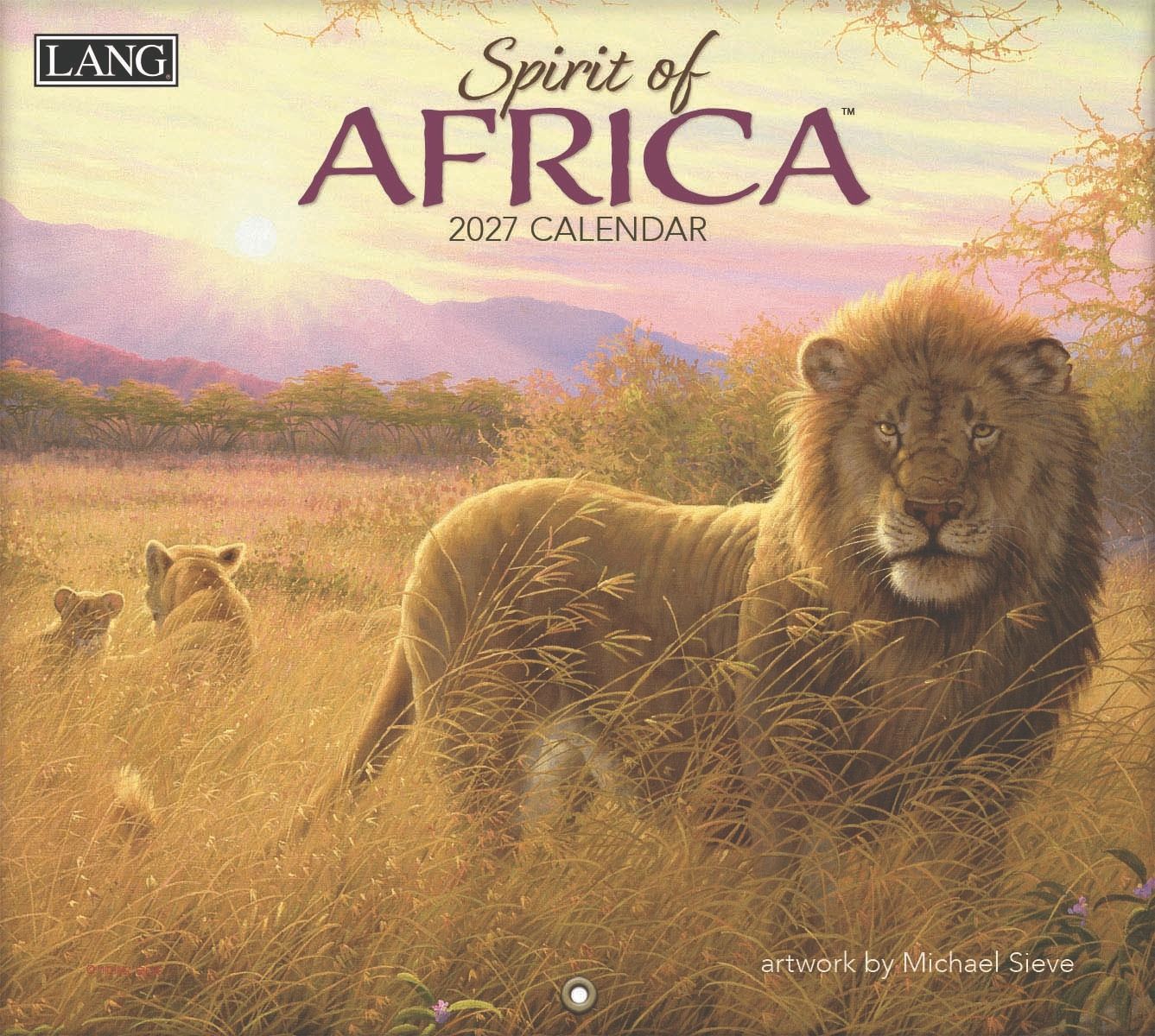 Kalender Africa 2027 met kunstwerken van Afrikaanse savanne, natuur en wildlife.